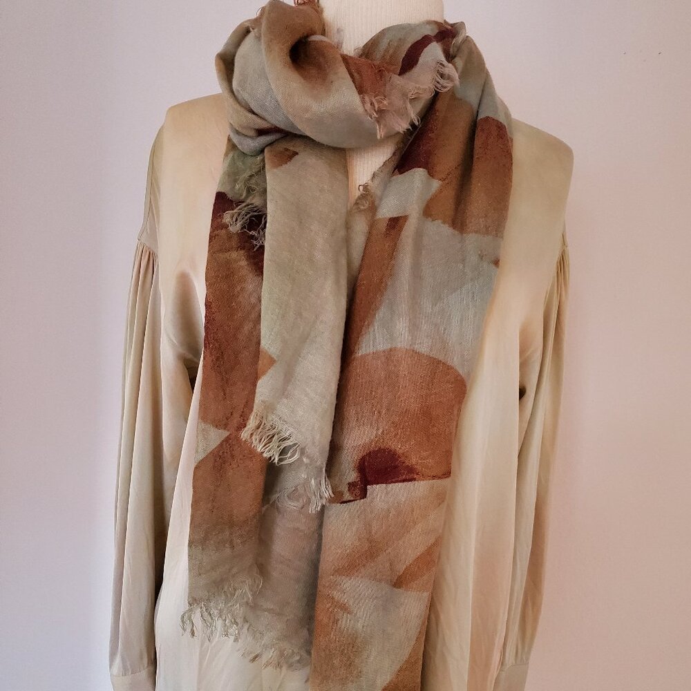 Painted dyed silk cashmere scarf wrap beige brown tan green blue gray grey khaki